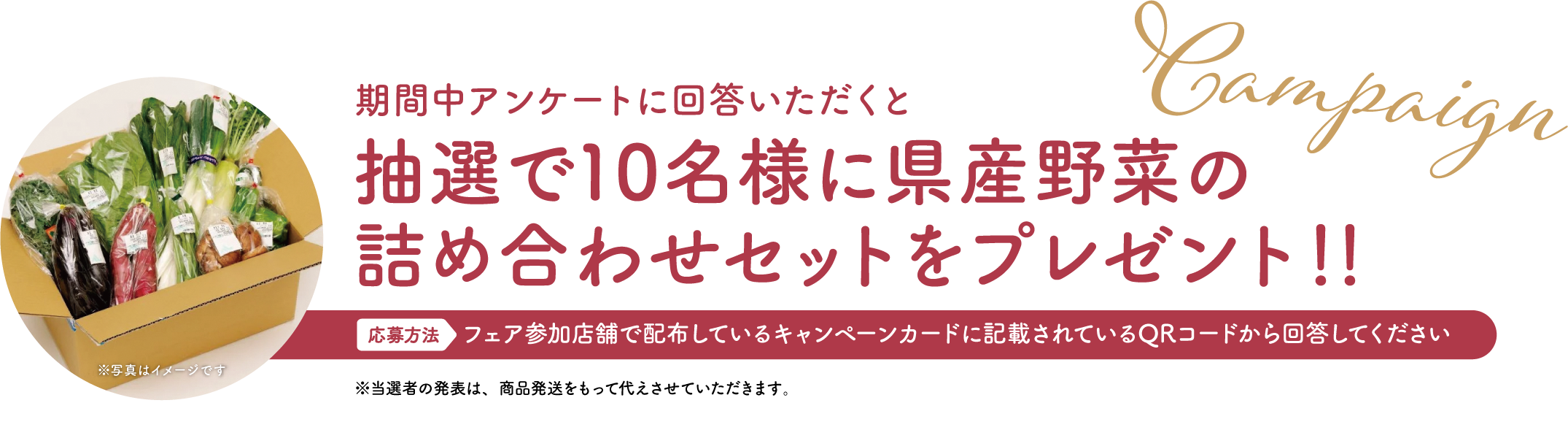 期間中アンケートに回答いただくと抽選で10名様に県産野菜の詰め合わせセットをプレゼント！！